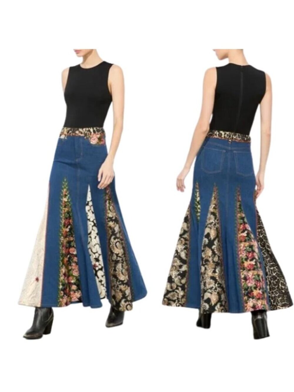 NEW Alice + Olivia Nala Mixed Media Denim Floral Pattern Maxi Skirt Blue Size: 0